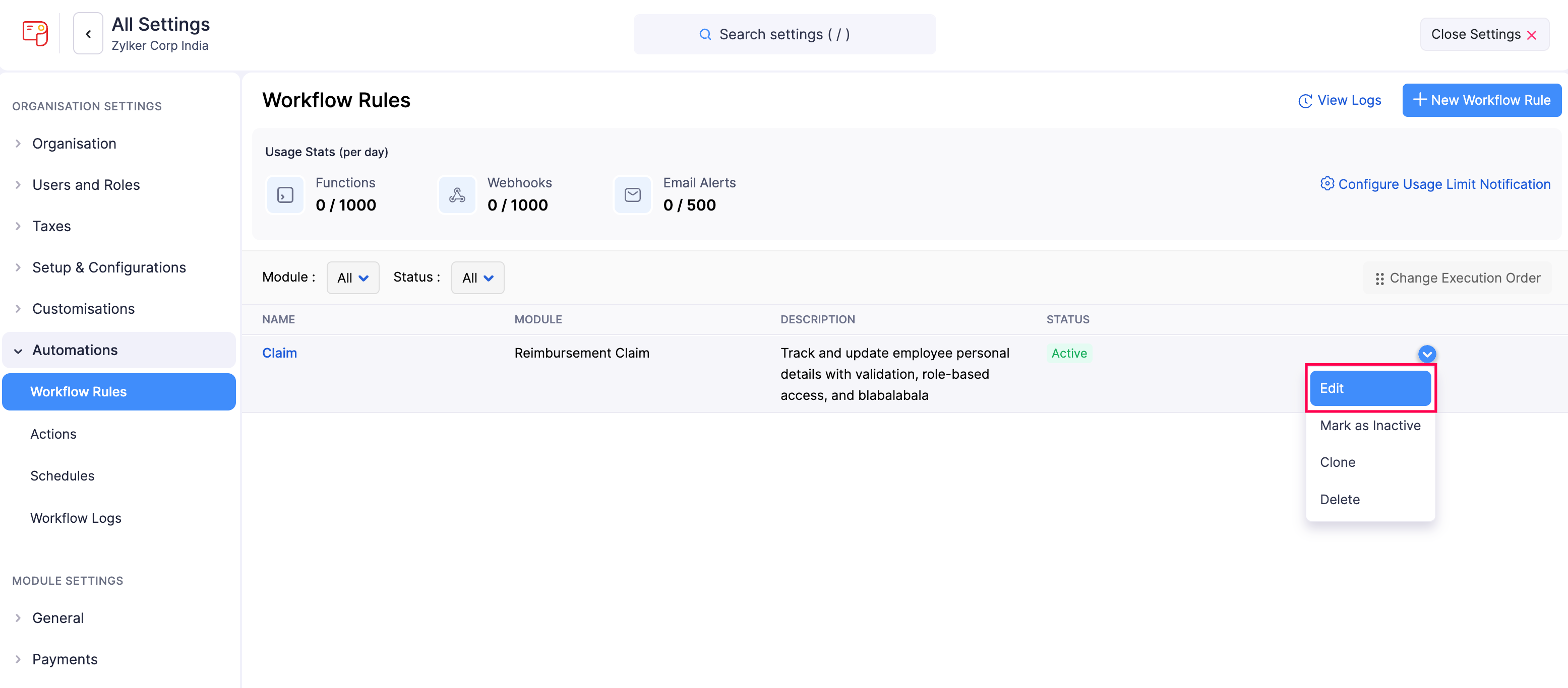 Edit Workflow Rule in Zoho Payroll