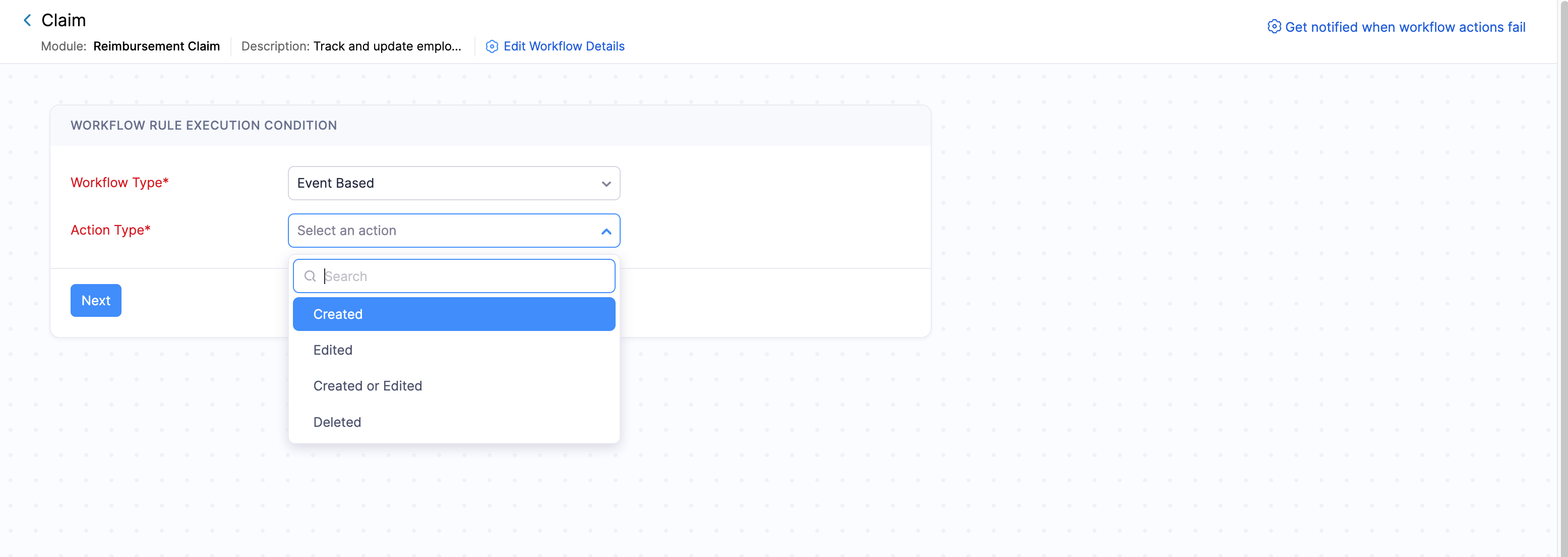 Event Based workflow type with Action Type dropdown