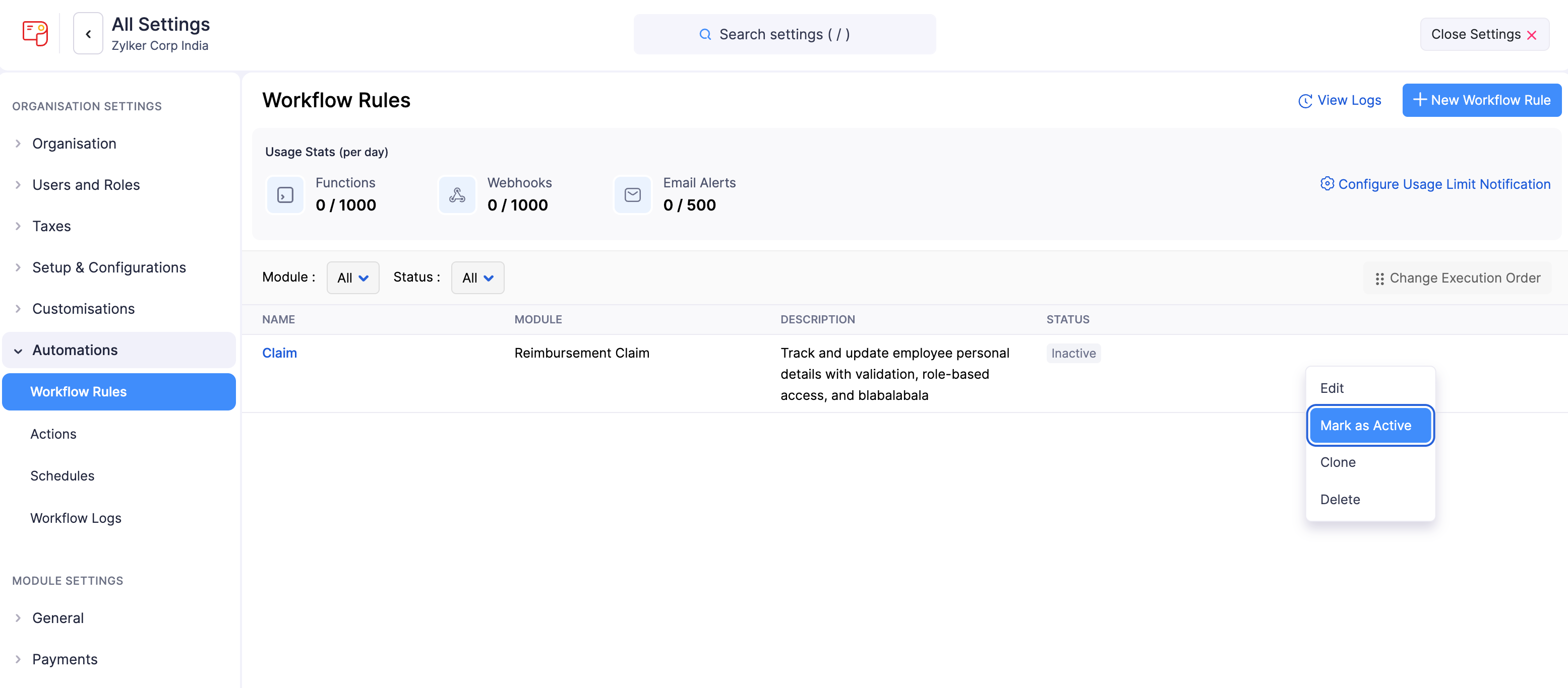 Mark Workflow Rule as Active in Zoho Payroll