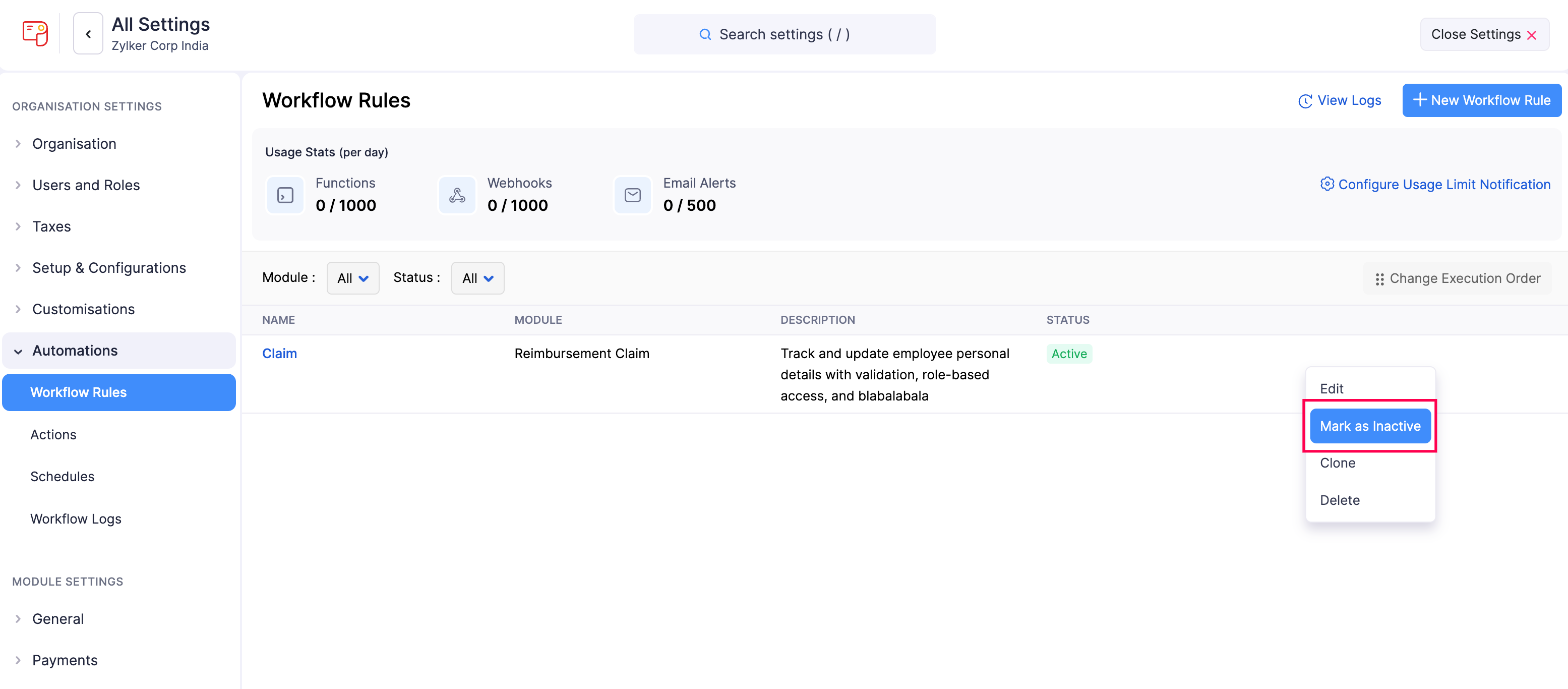 Mark Workflow Rule as Inactive in Zoho Payroll