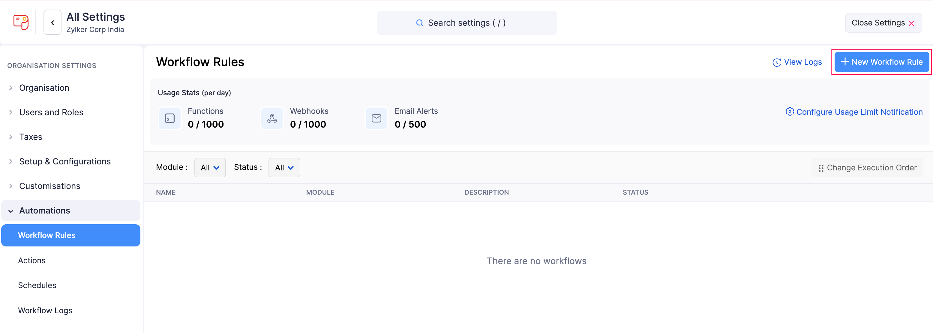 New Workflow Rule Button in Zoho Payroll
