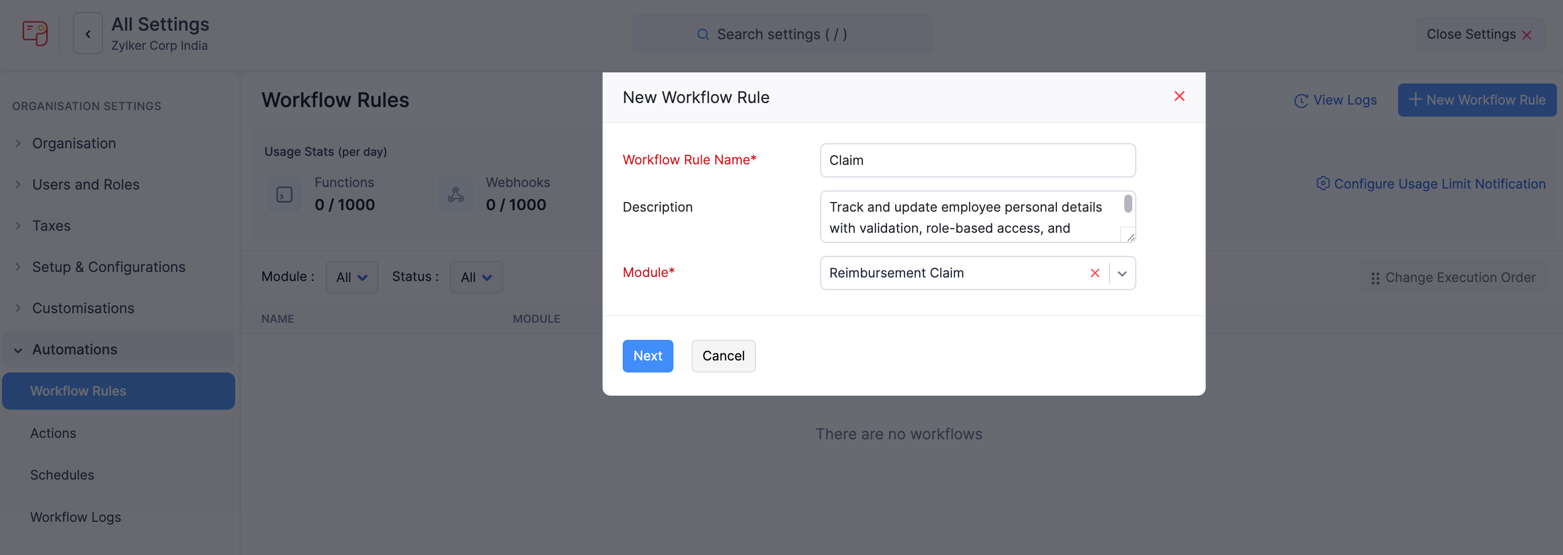 New Workflow Rule popup
