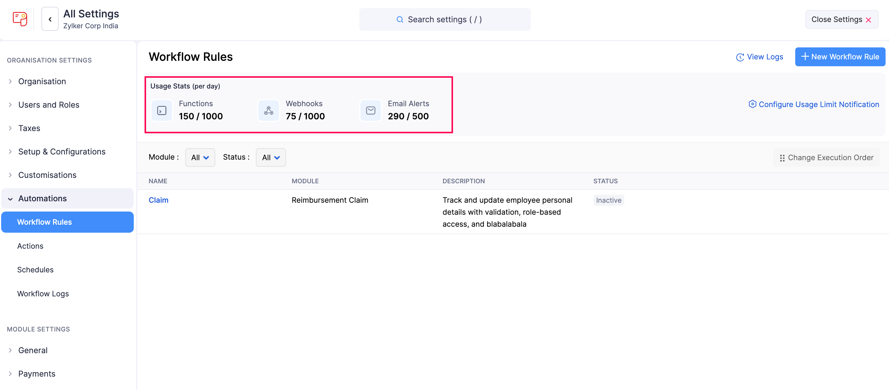 View Workflow Actions Usage Stats in Zoho Payroll