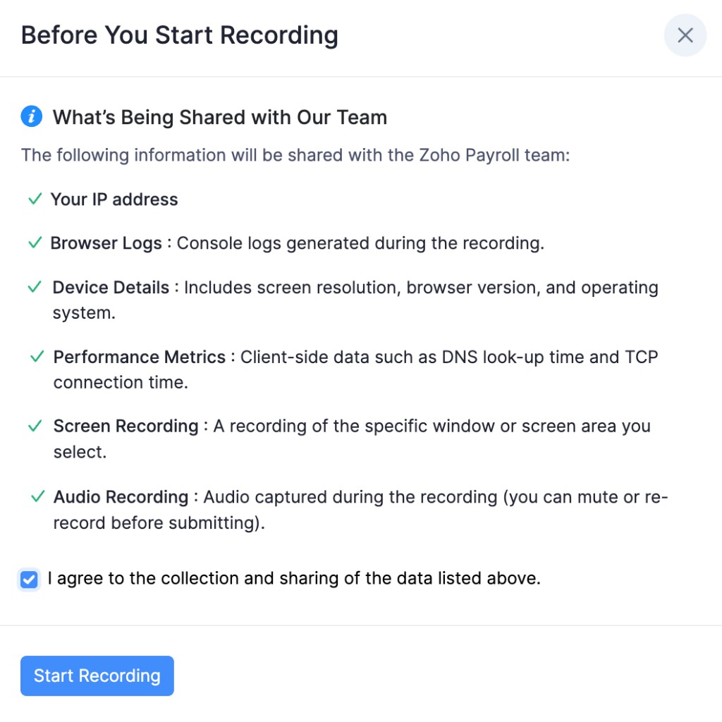 Before You Start Recording consent for screen recording