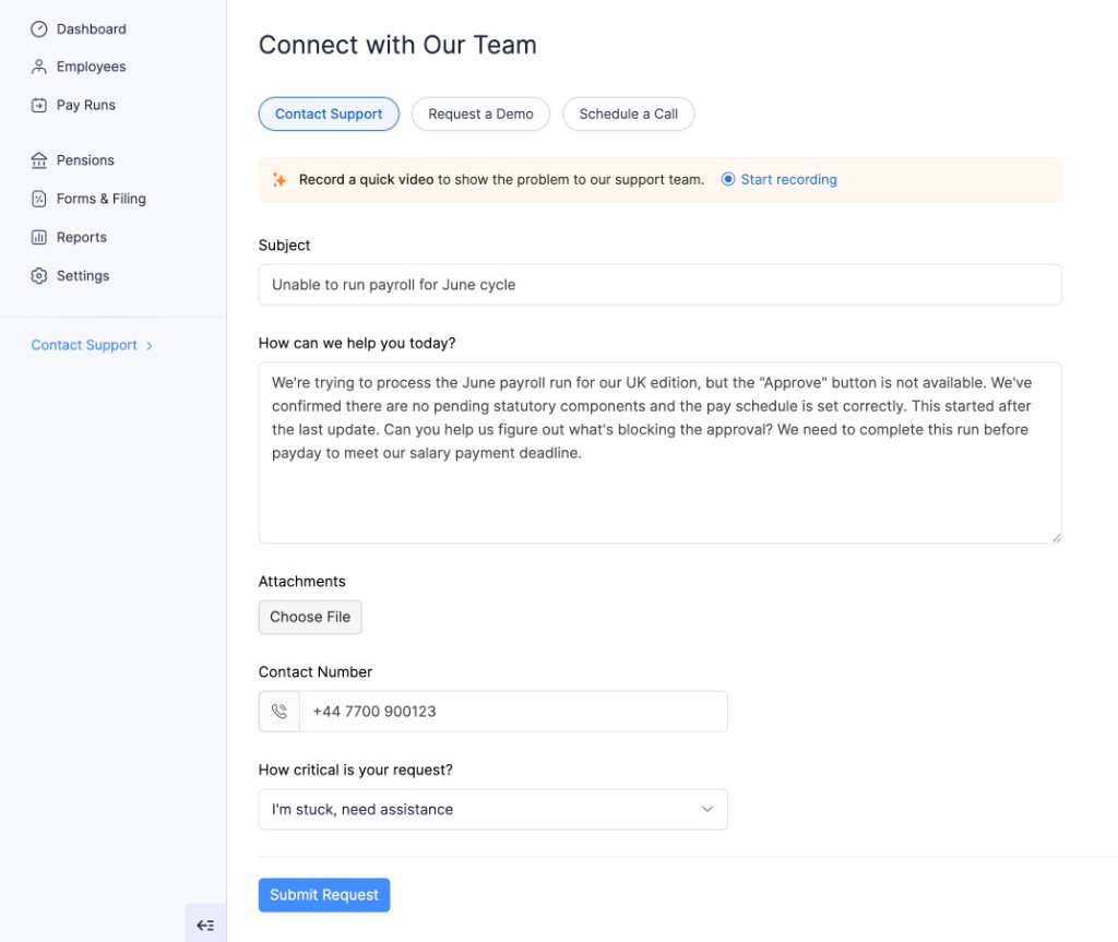 Connect with Our Team Contact Support form