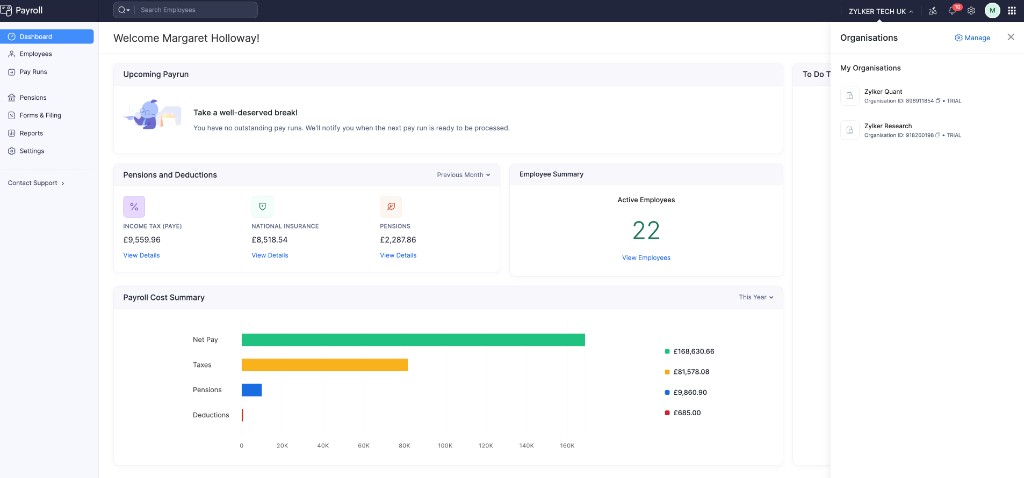 Organizations switcher listing Zoho Payroll organisations