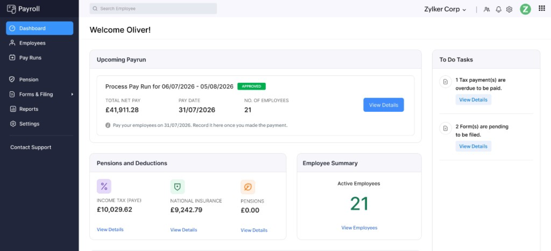 Zoho Payroll Dashboard with upcoming pay run, PAYE, National Insurance, pensions, and employee summary