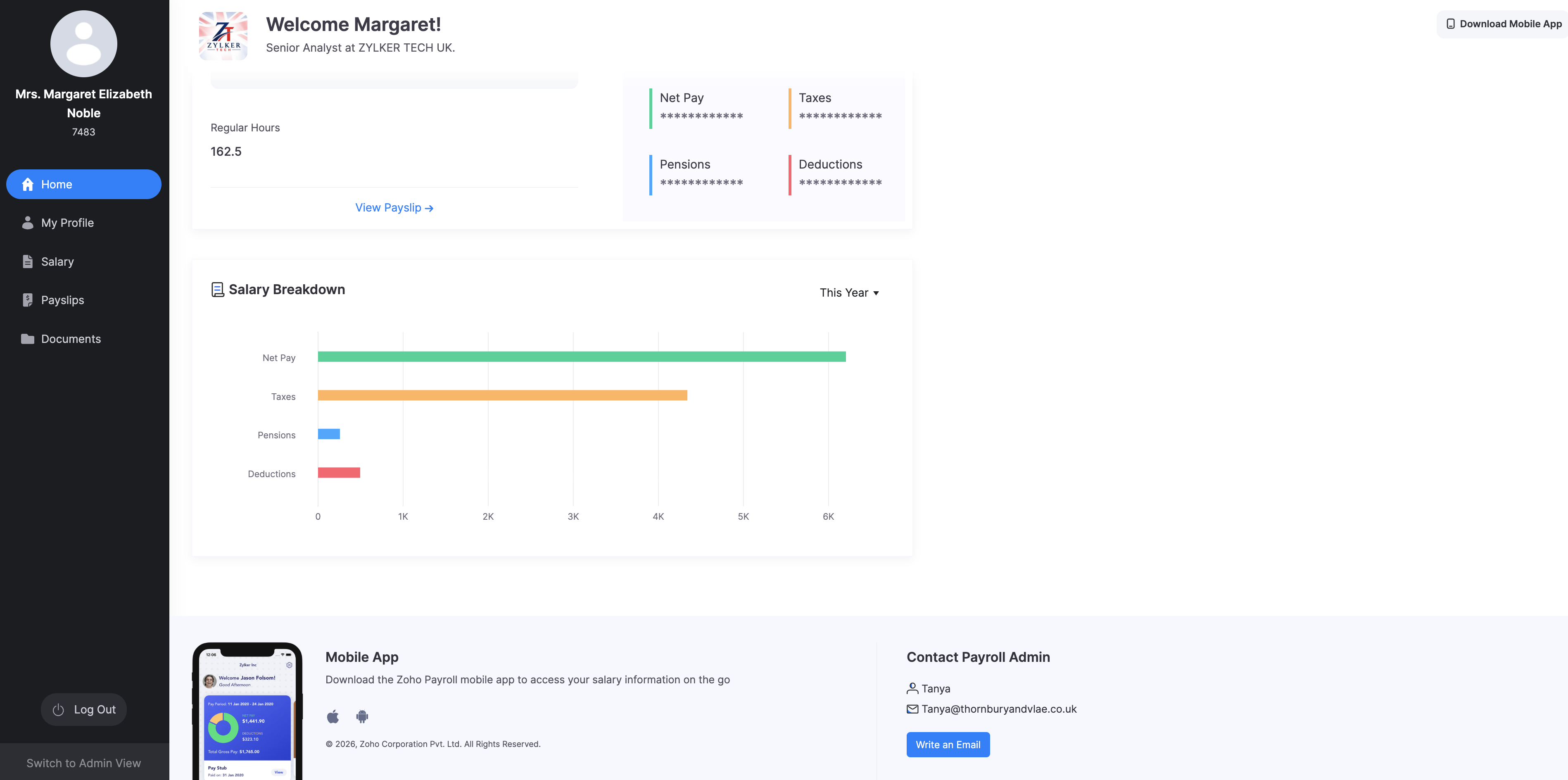 Employee Portal Home with mobile app and Contact Payroll Admin