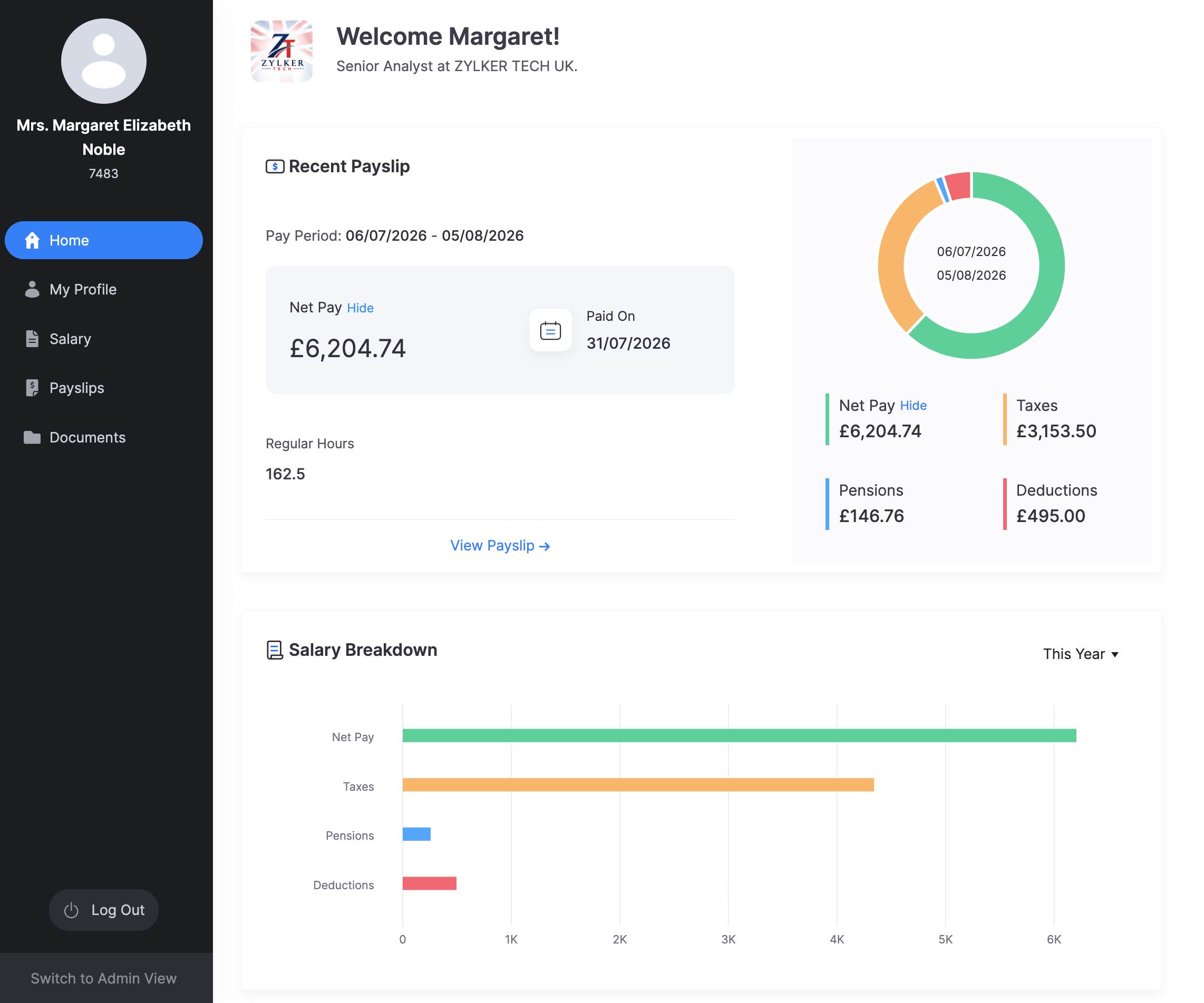 Employee Portal Home with recent payslip and salary breakdown