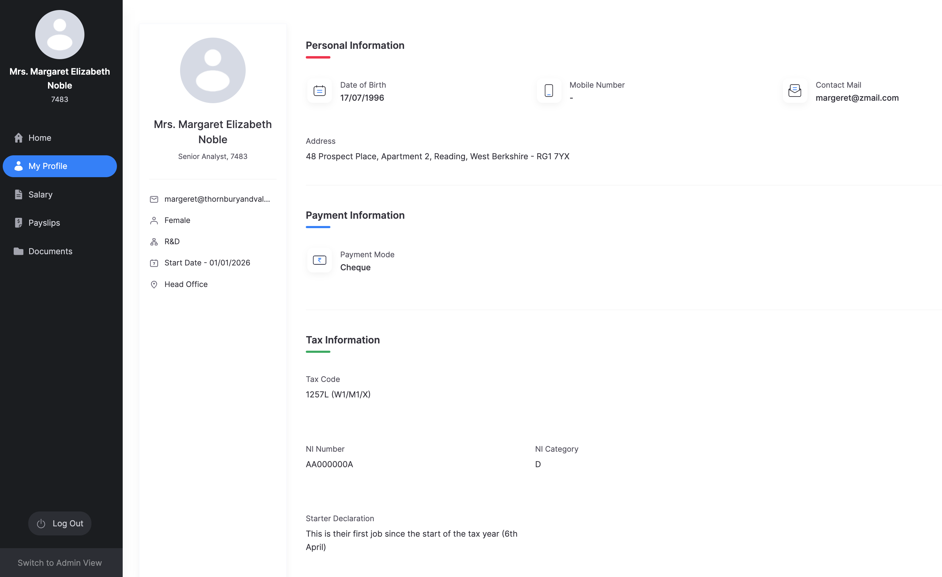 My Profile in the Employee Portal with personal, payment, and tax information