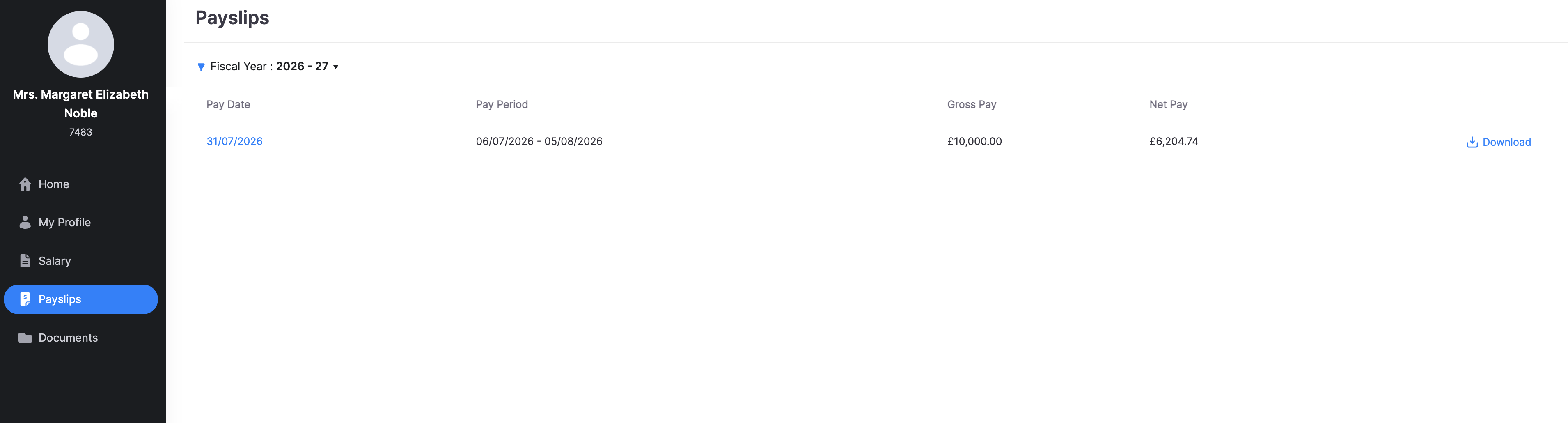 Payslips list with pay date, pay period, gross pay, and net pay
