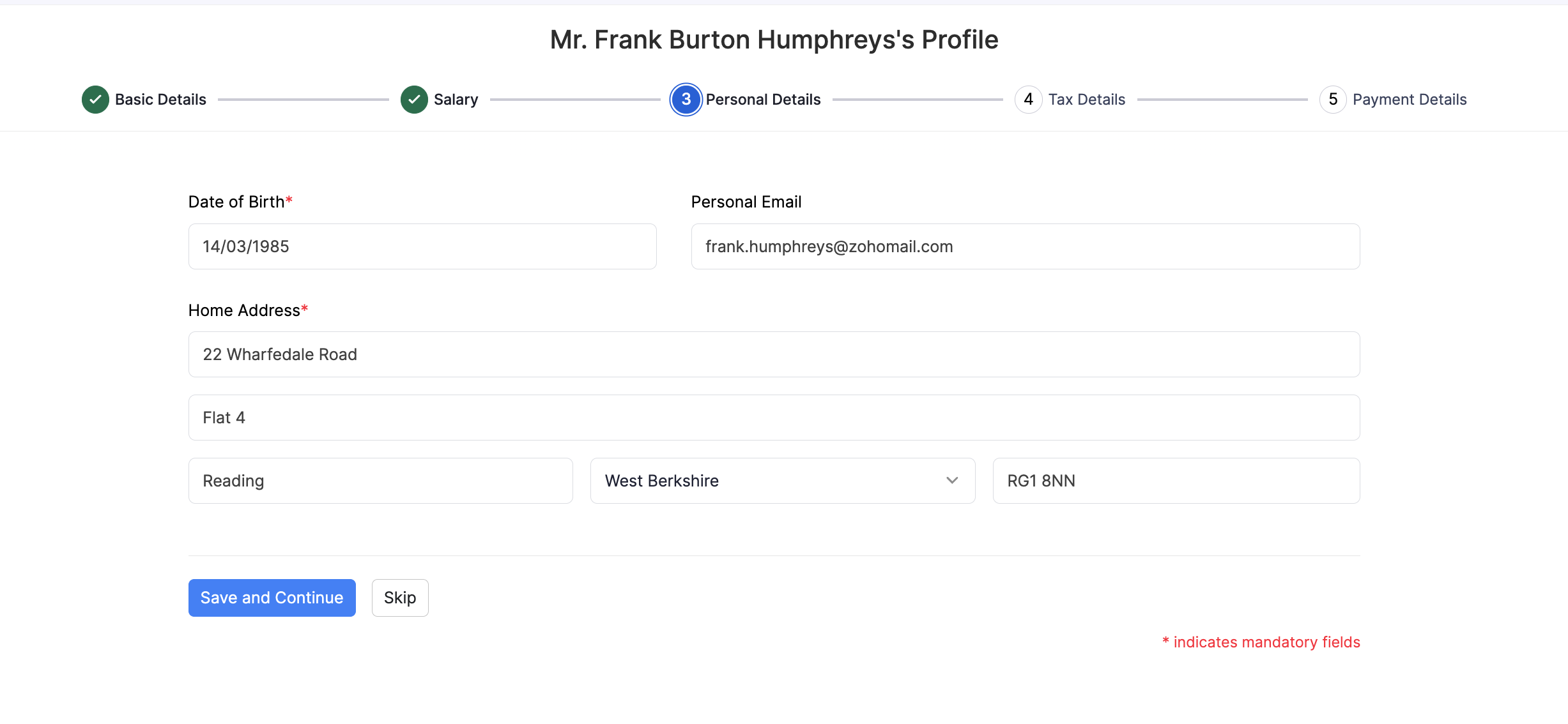 Enter personal details when adding an employee