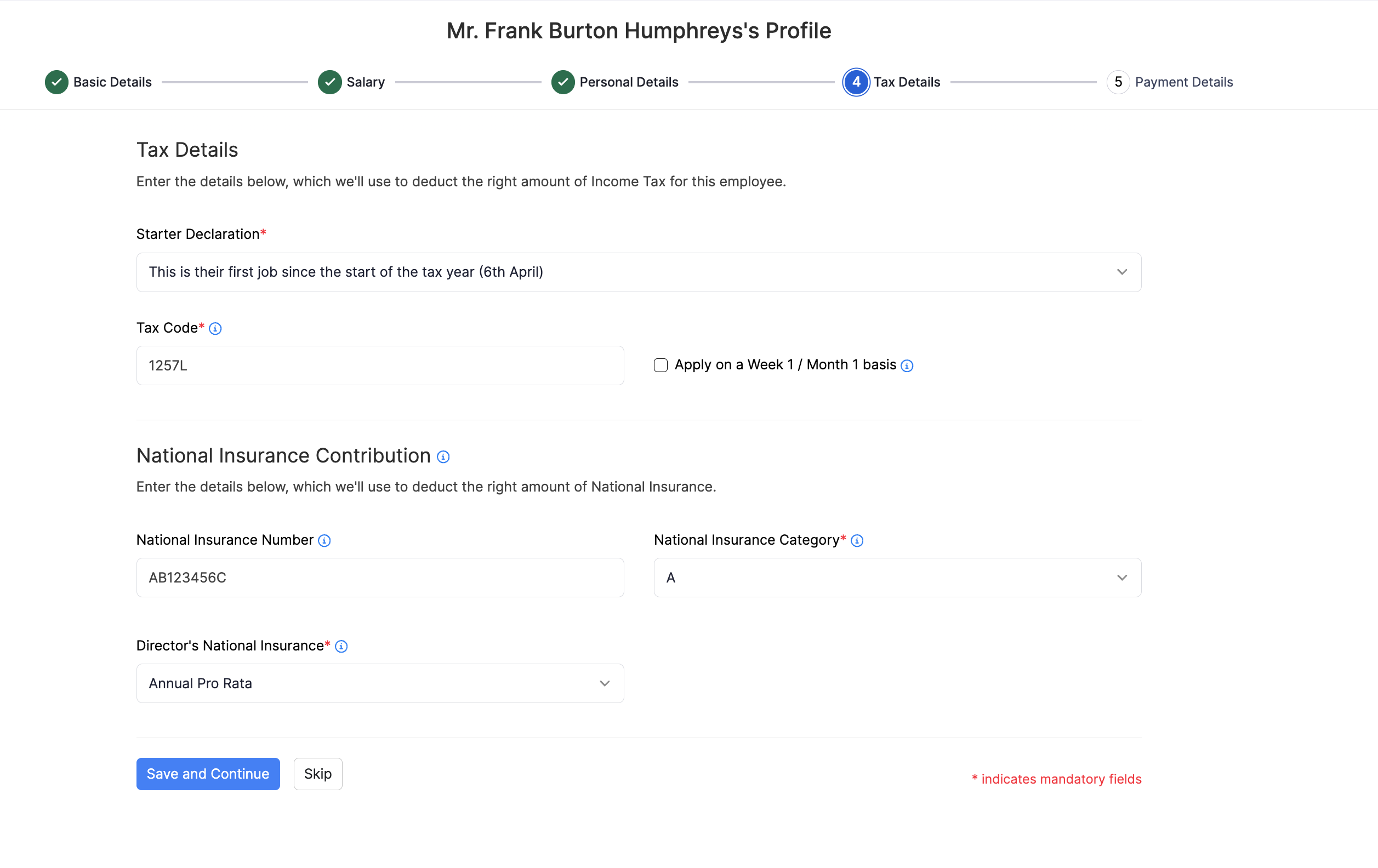 Completed Tax Details for an employee including tax code and NI