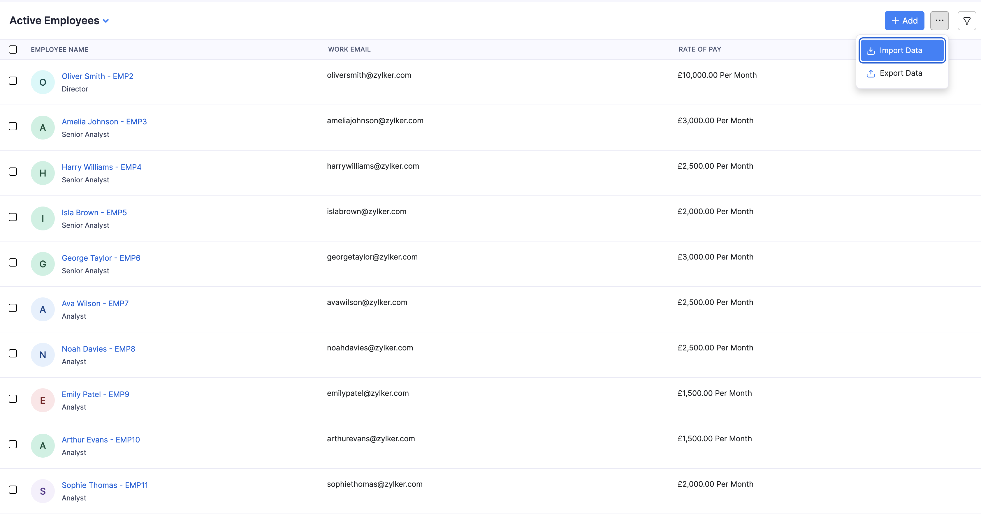 More menu with Import Data and Export Data