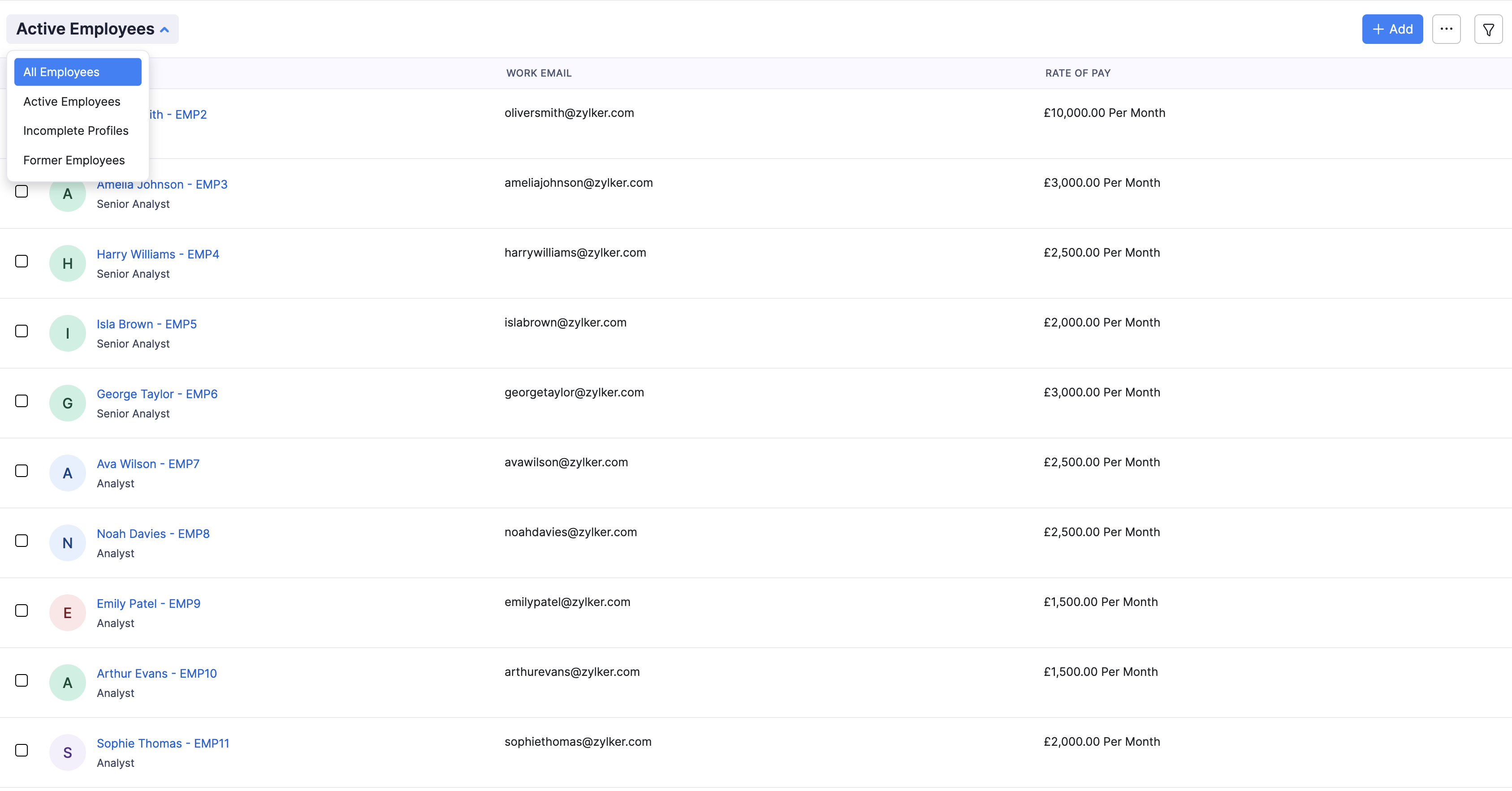 Employee list views including Active and Former Employees