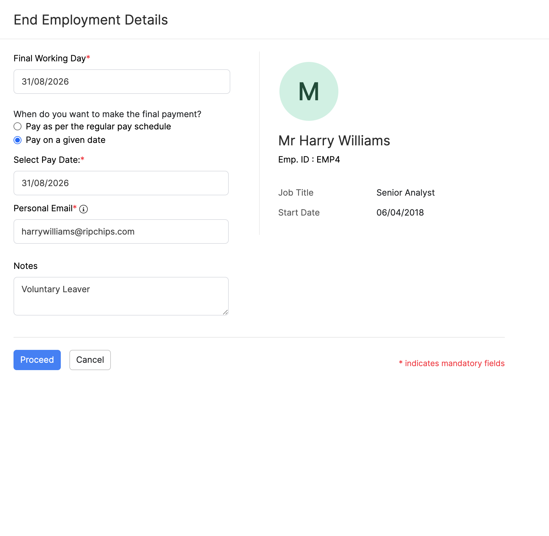 End Employment with Pay on a given date selected