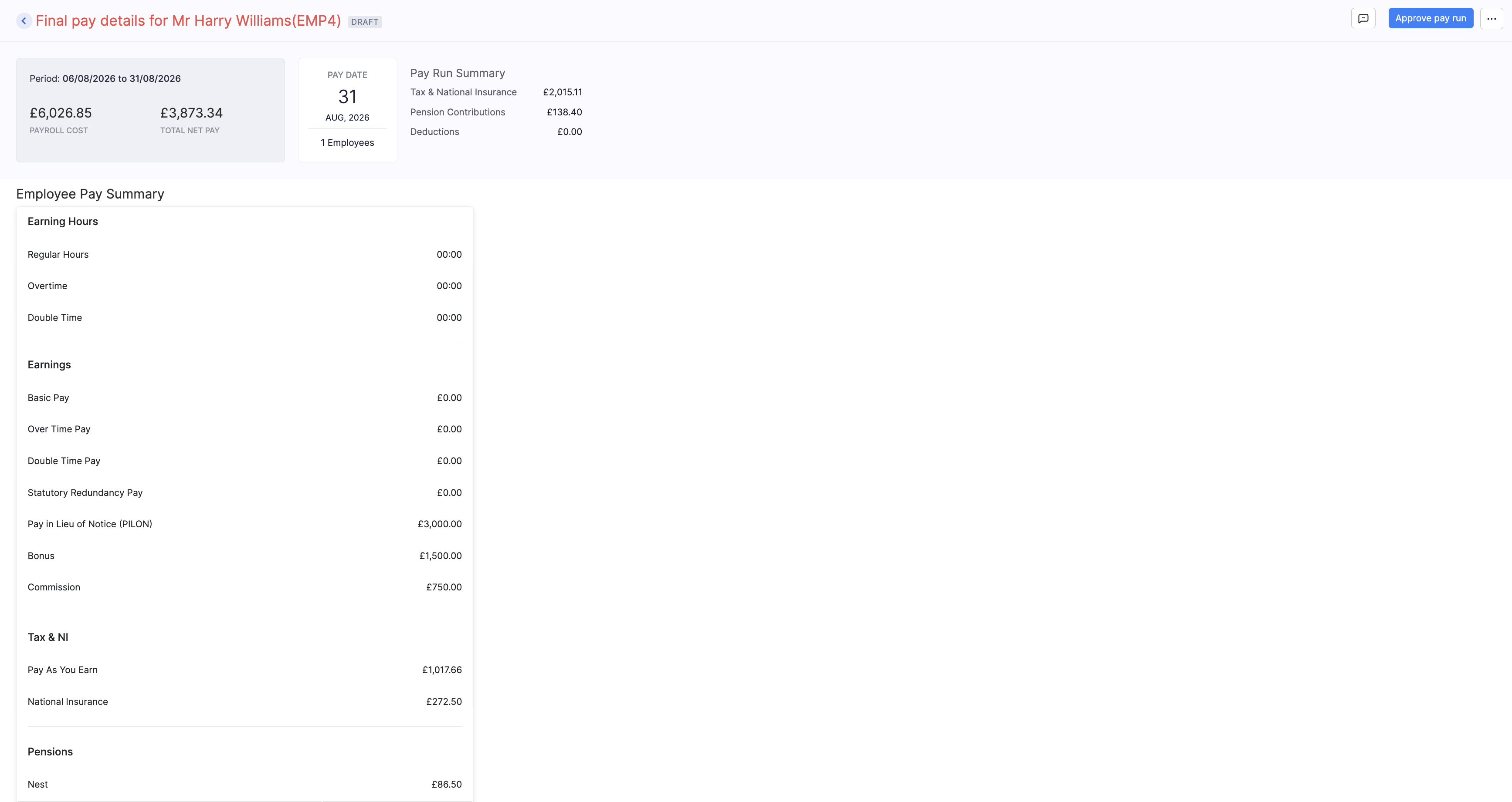 Final Settlement Payroll summary with earnings and net pay
