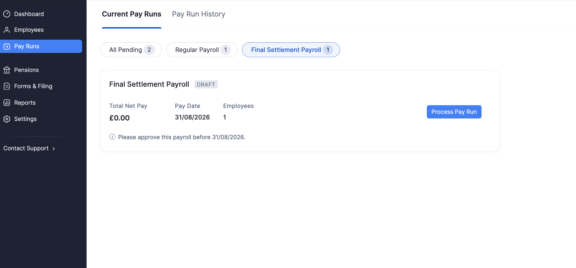 Final Settlement Payroll draft after saving final pay details