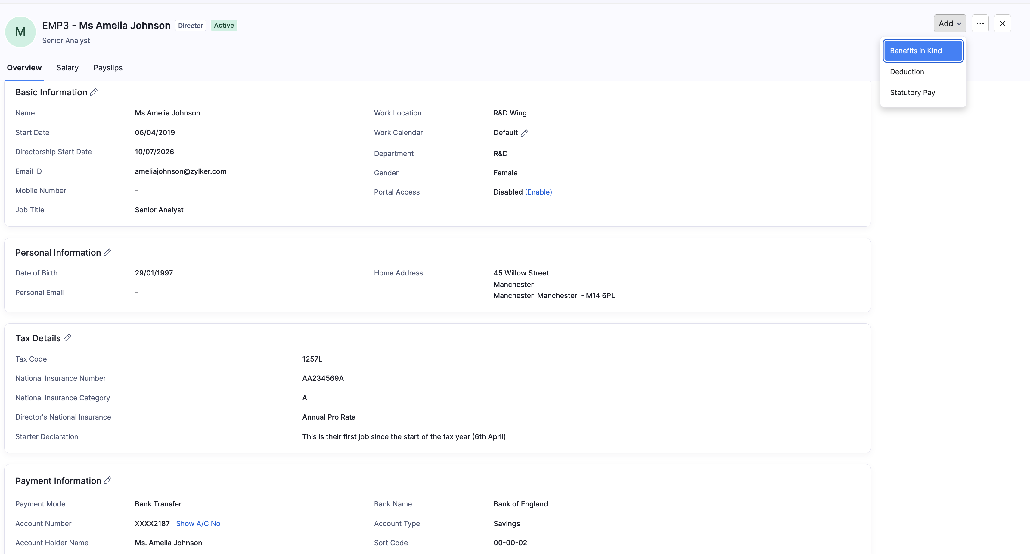 Add menu on an employee profile