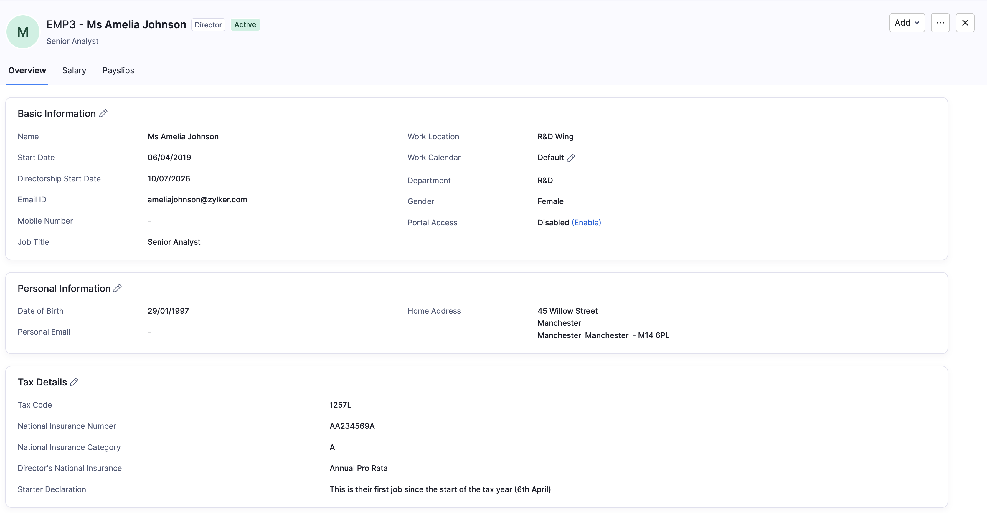 Employee overview with basic, personal, and tax details
