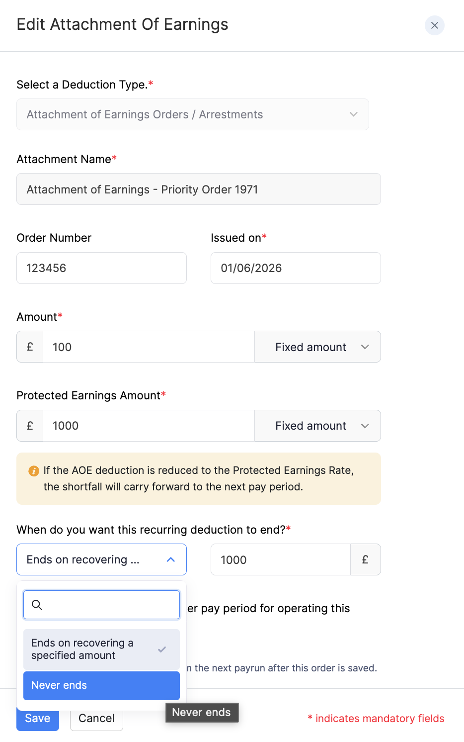 Attachment of Earnings end condition options
