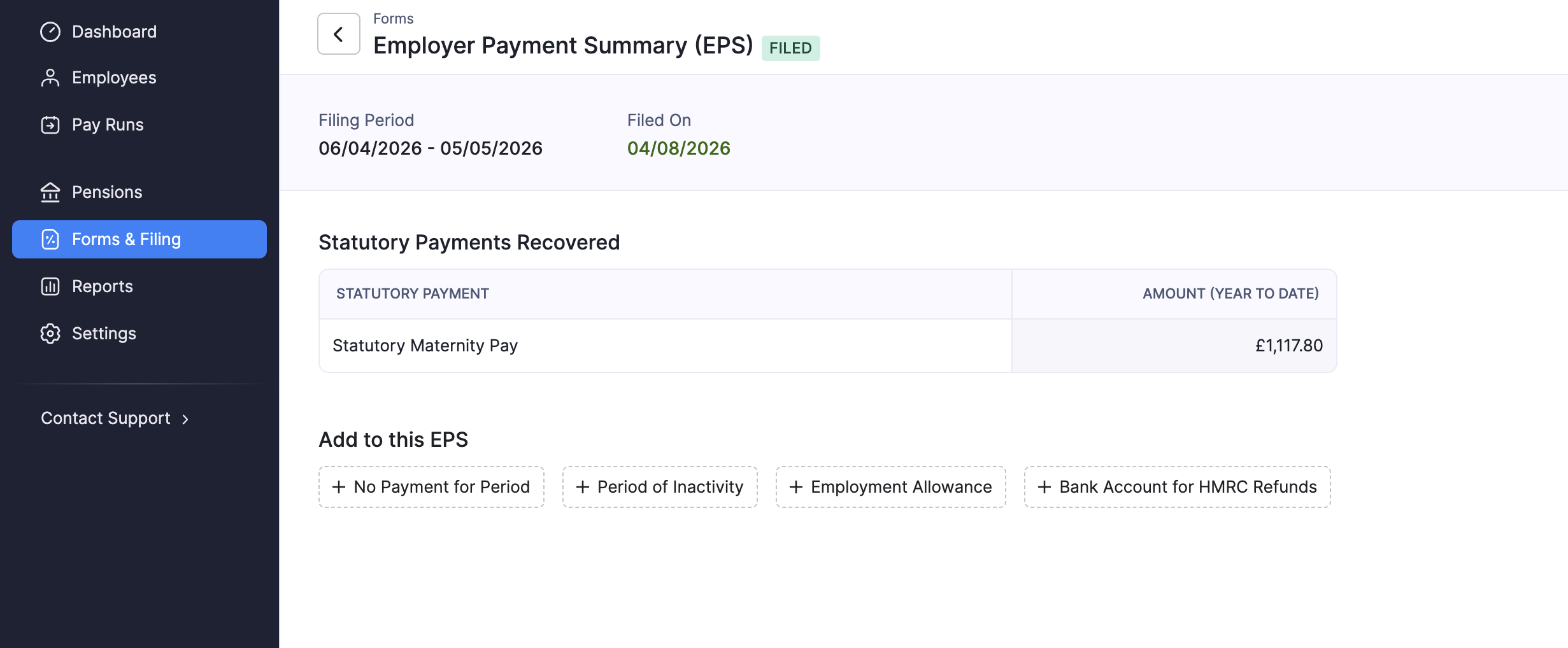 Filed Employer Payment Summary with statutory payments recovered