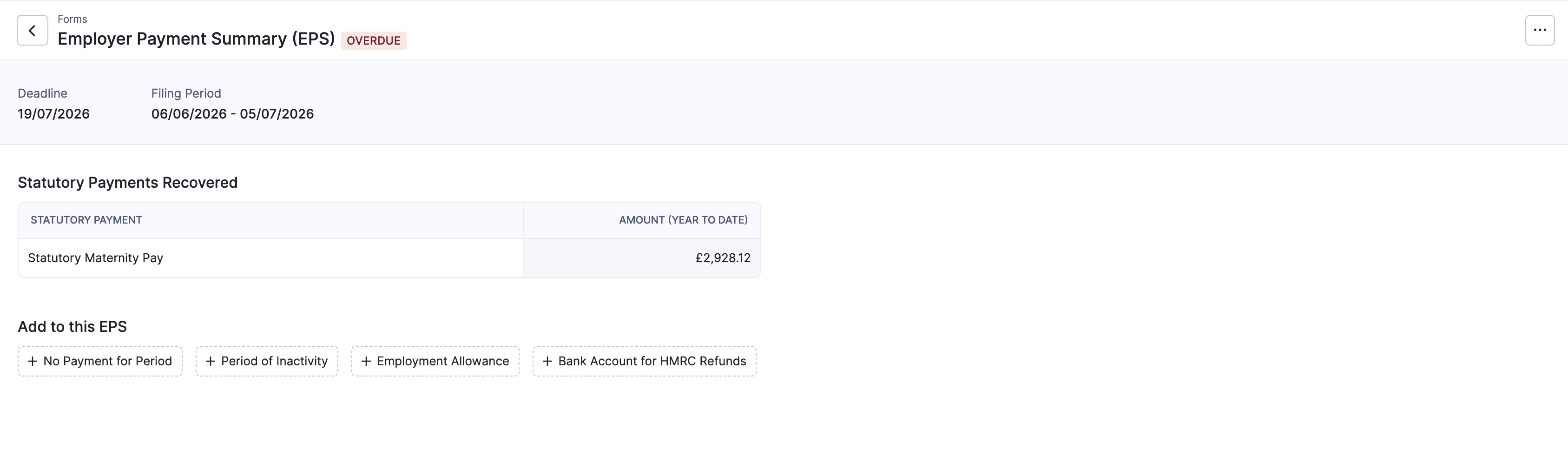 Overdue Employer Payment Summary with statutory maternity pay recovered