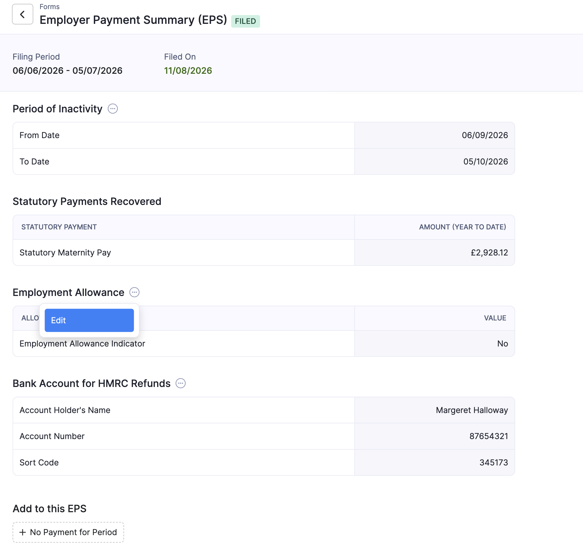 Edit Employment Allowance on a filed Employer Payment Summary