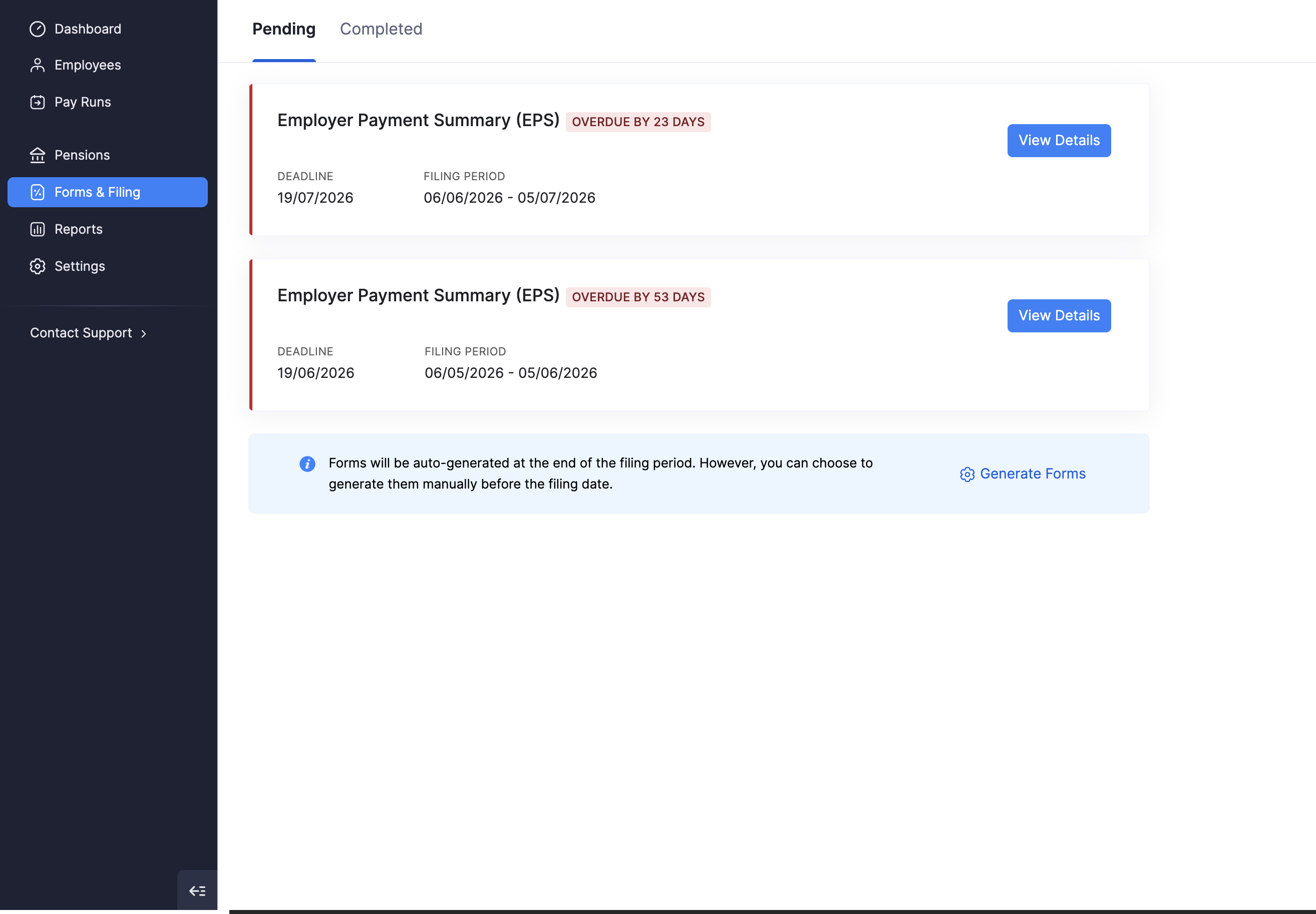 Pending Employer Payment Summary filings in Forms and Filing