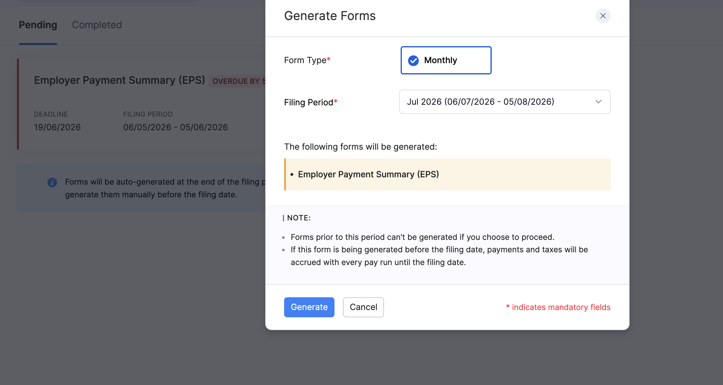 Generate Forms dialog for a monthly Employer Payment Summary