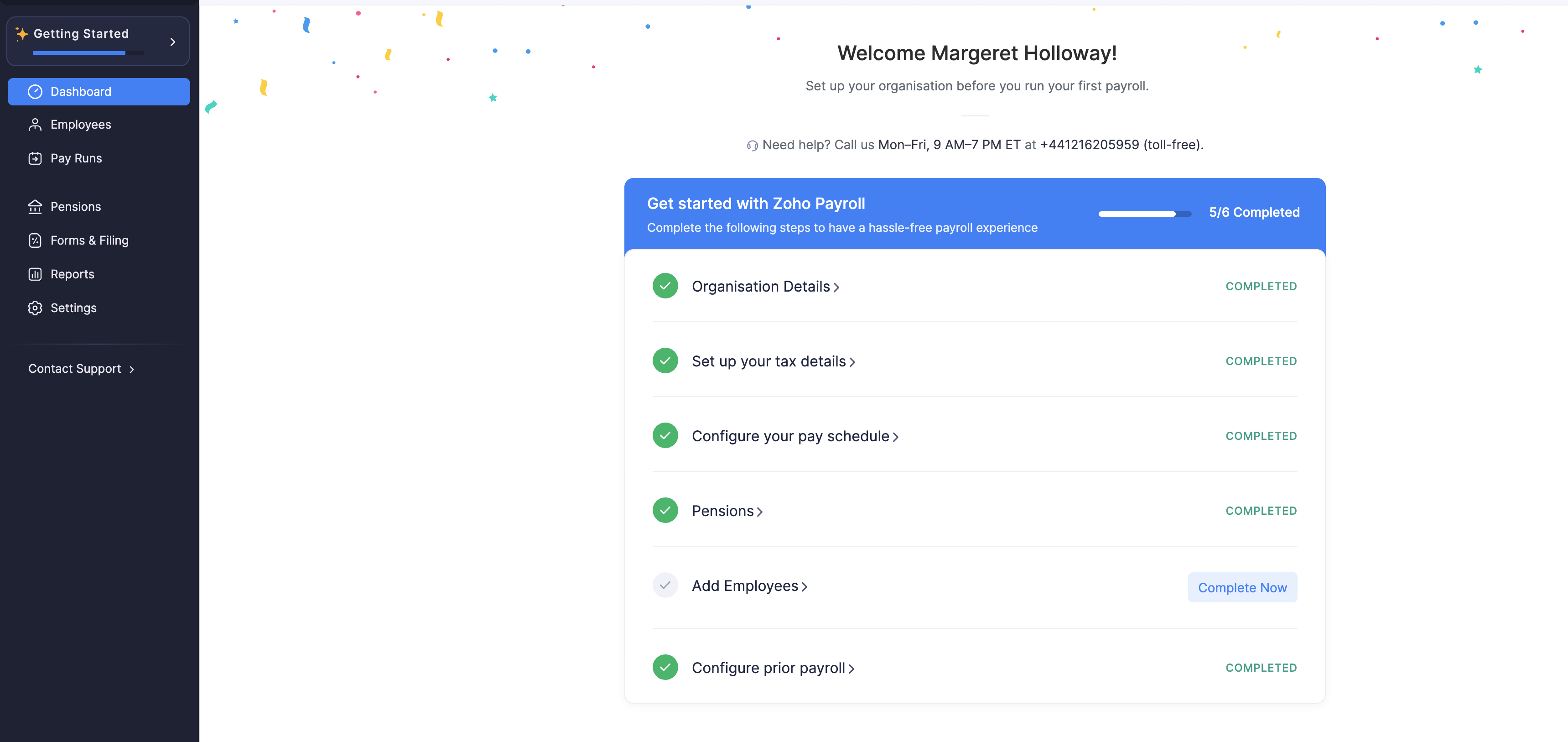 Getting Started checklist with Complete Now for Add Employees