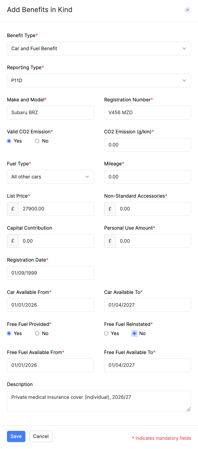 Add Car and Fuel Benefit as a Benefit in Kind