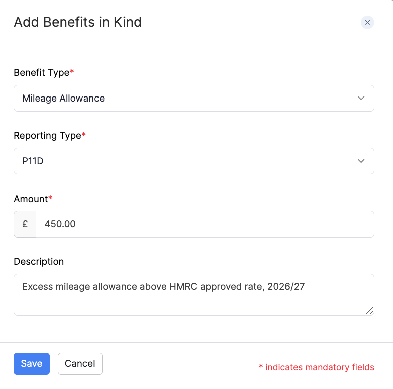 Add Mileage Allowance as a Benefit in Kind