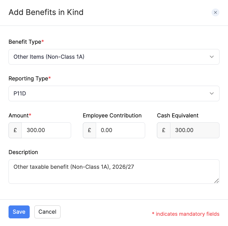 Add Other Items (Non-Class 1A) as a Benefit in Kind