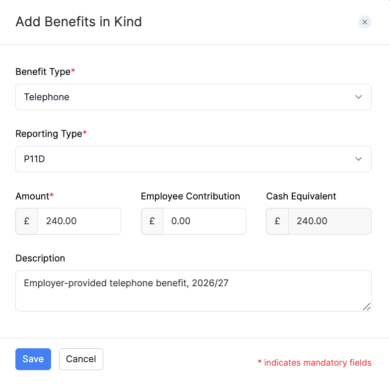 Add Telephone as a Benefit in Kind