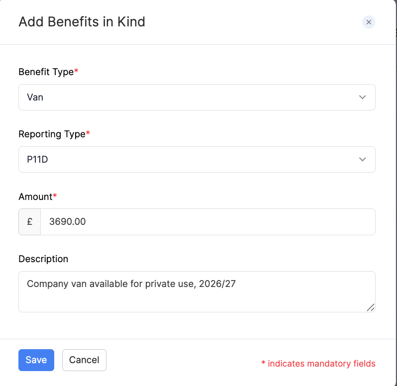 Add Van as a Benefit in Kind