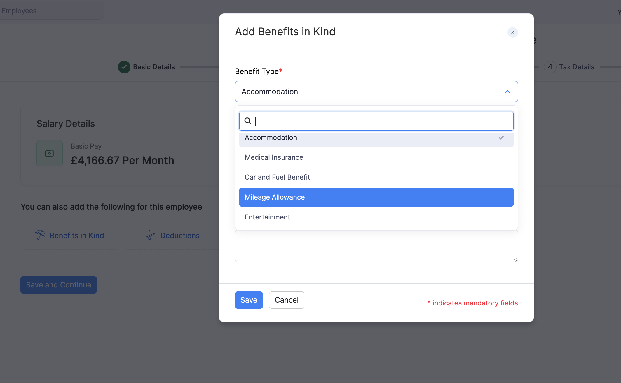 Select a Benefit Type when adding Benefits in Kind