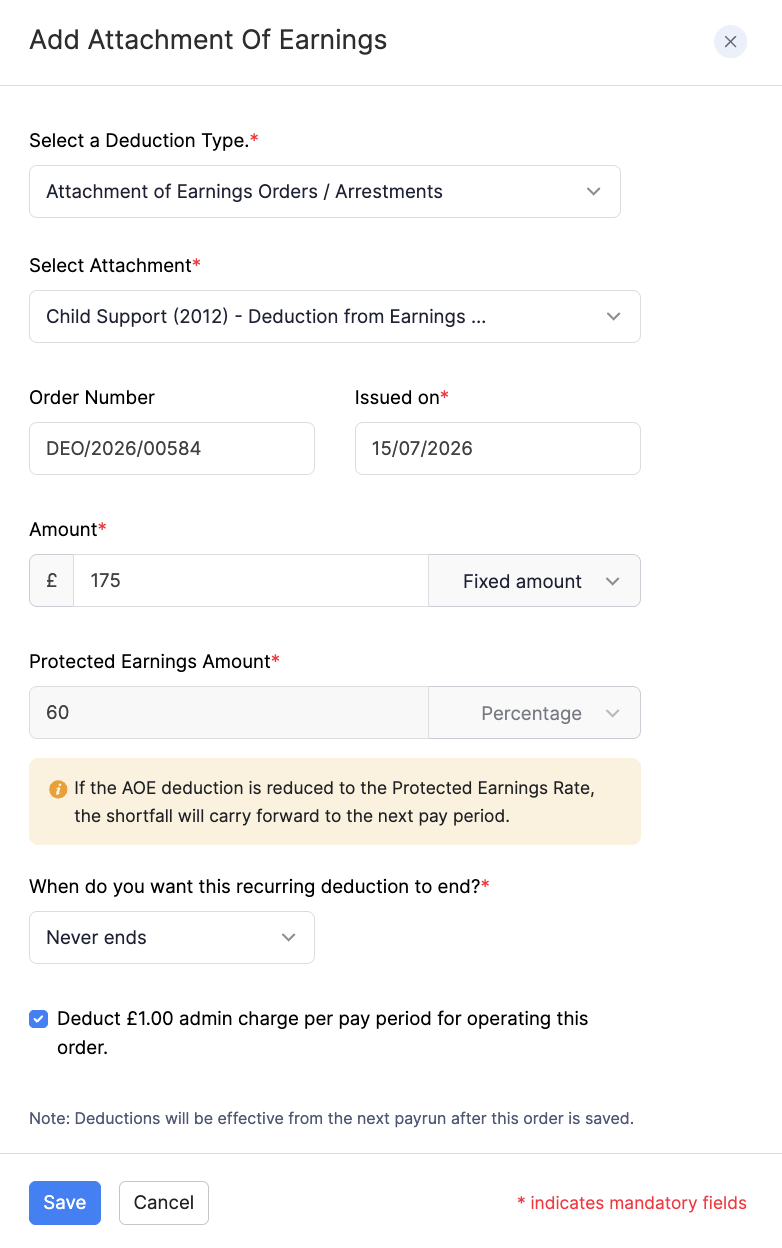 Add Child Support (2012) - Deduction from Earnings