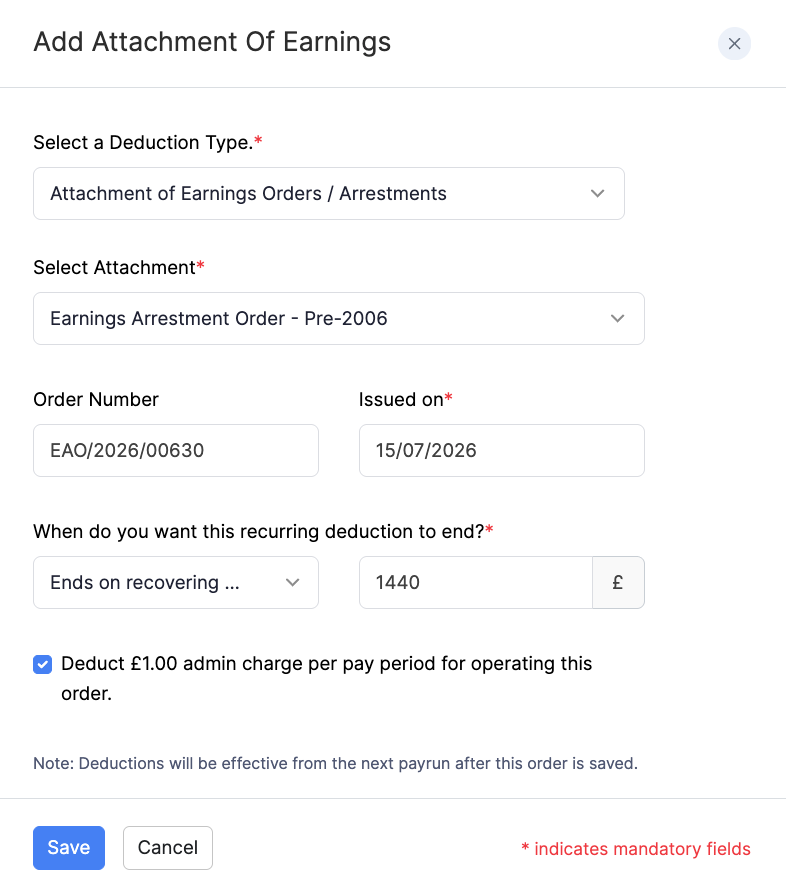 Add Earnings Arrestment Order - Pre-2006