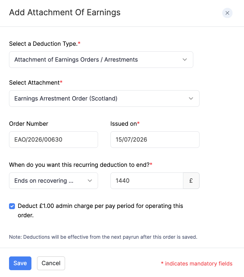 Add Earnings Arrestment Order (Scotland)