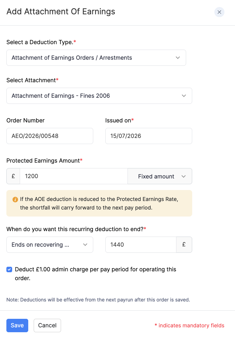 Add Attachment of Earnings - Fines 2006