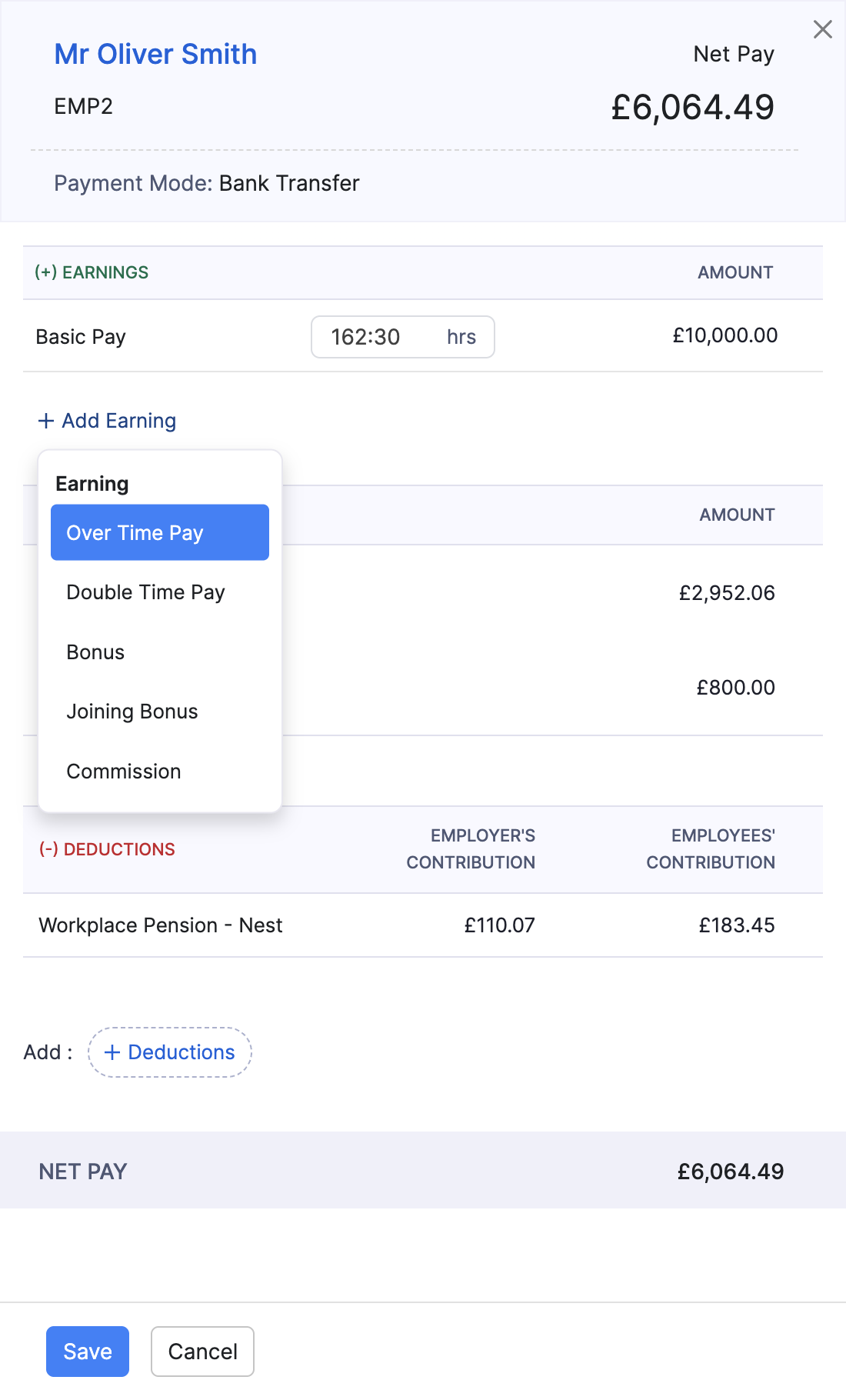 Add an earning for an employee in a pay run