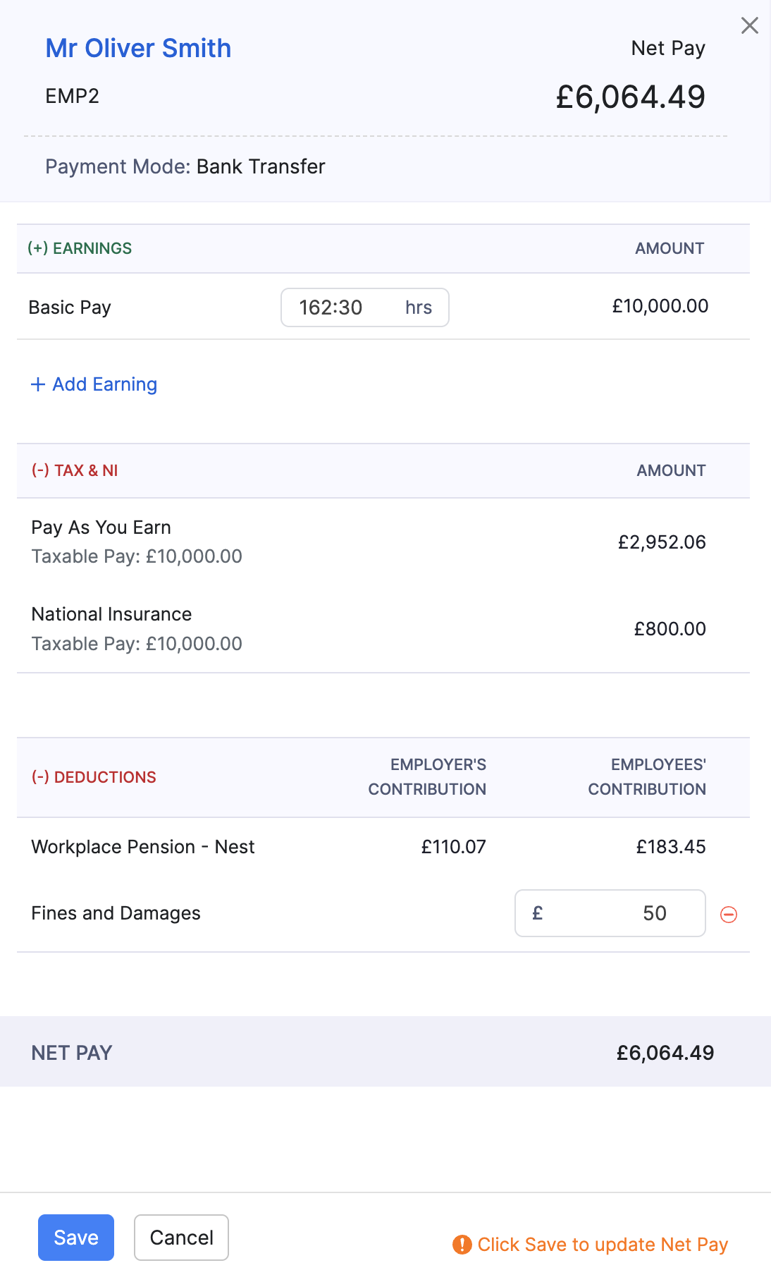 Deduction added in employee pay details pending save