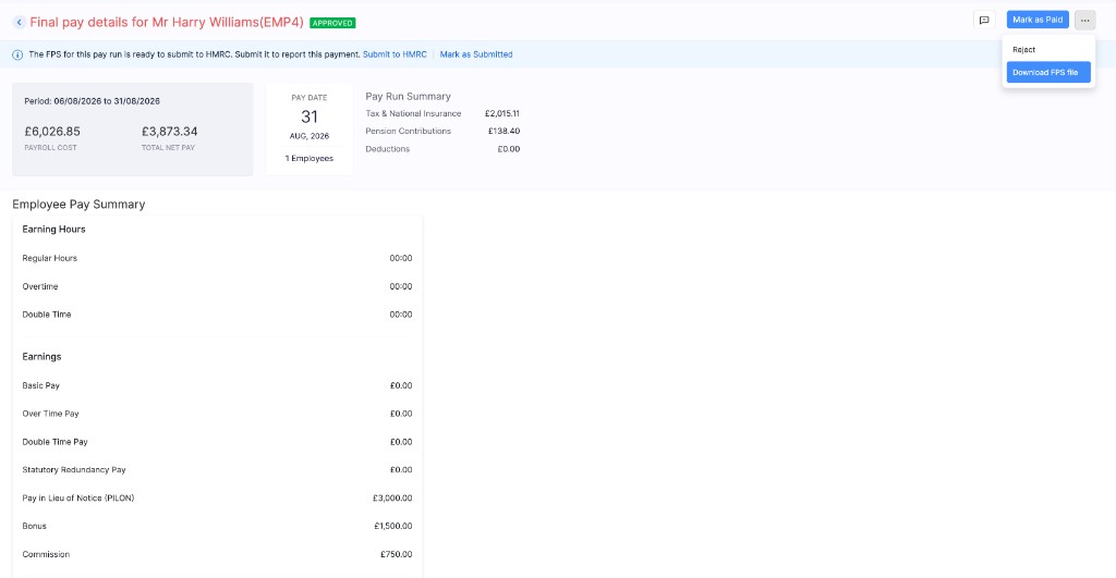 More menu with Download FPS file on Final Settlement Payroll