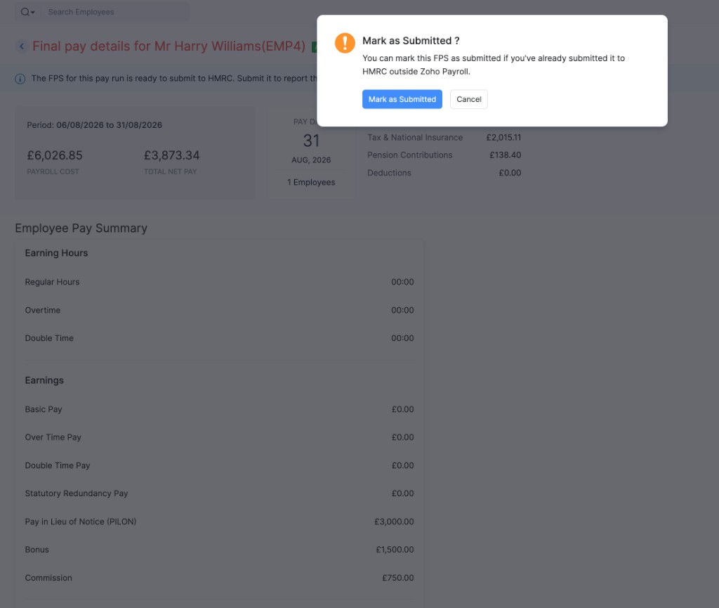 Mark Final Settlement FPS as submitted outside Zoho Payroll