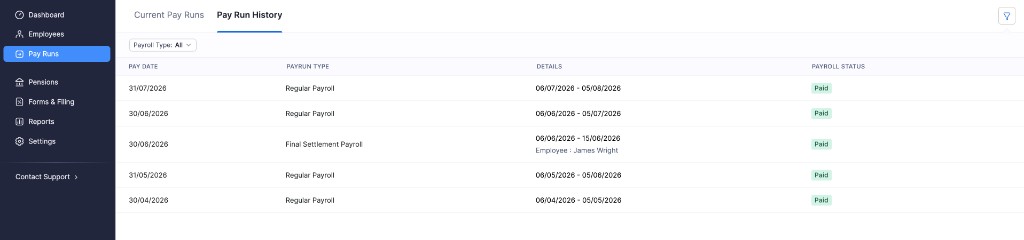 Pay Run History list with paid regular and final settlement payrolls