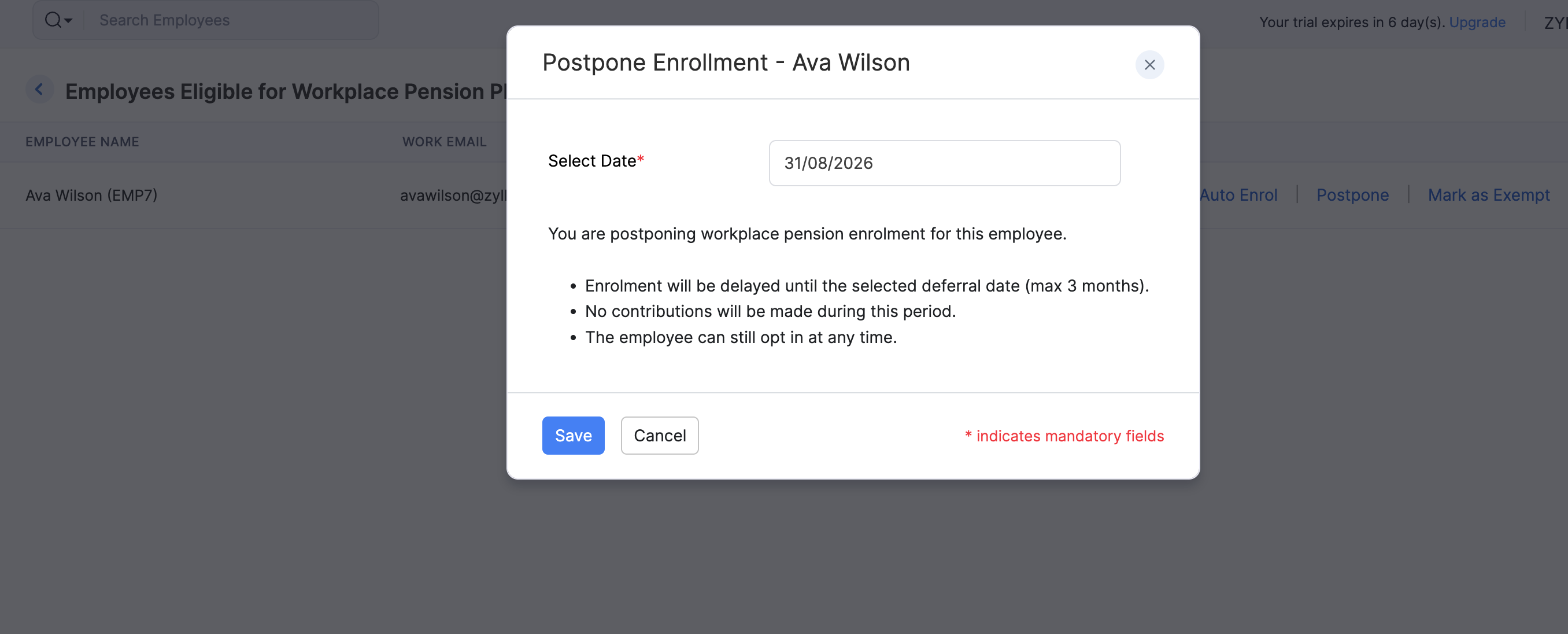 Postpone workplace pension enrolment