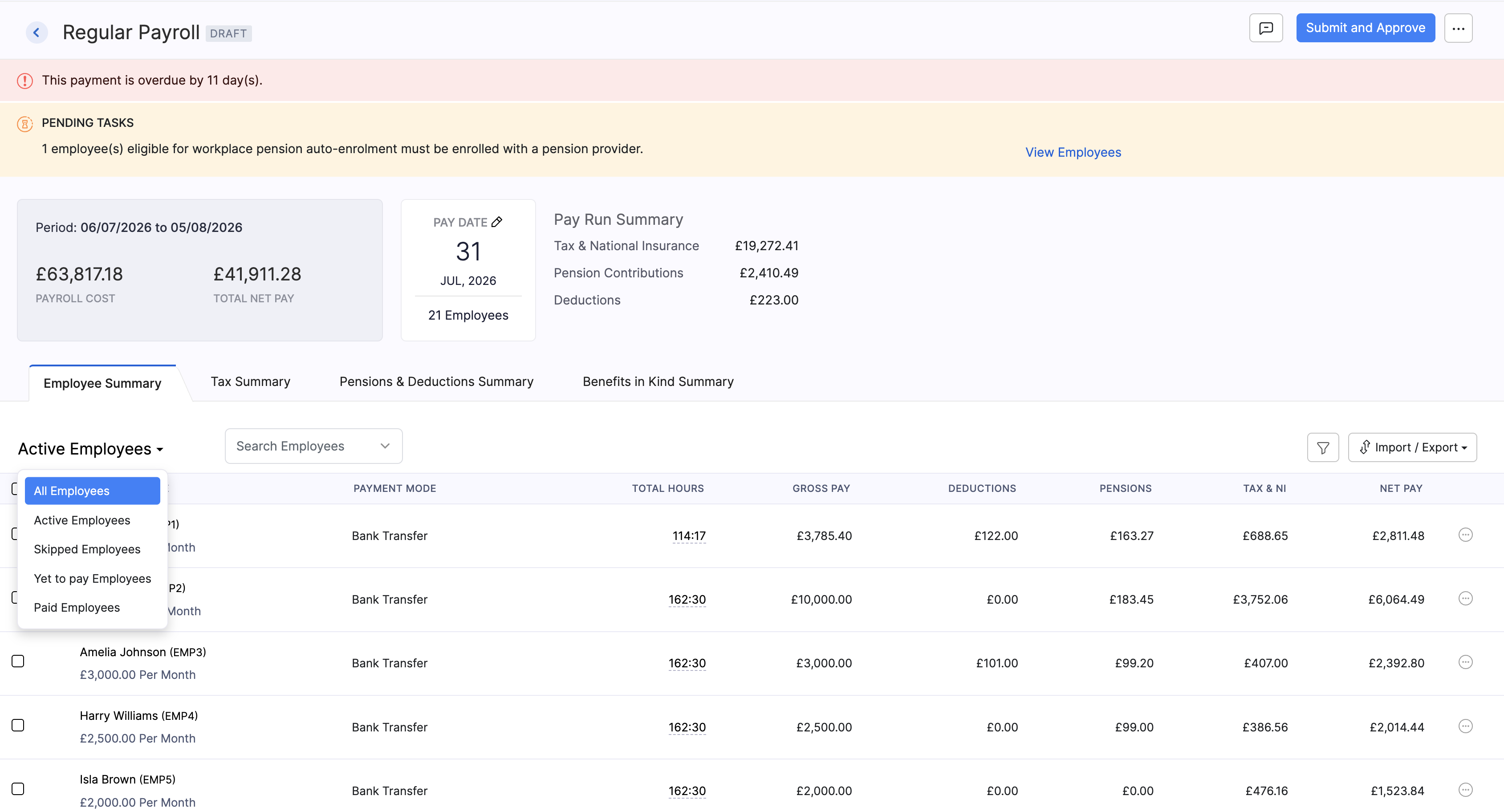Active Employees dropdown on a regular pay run