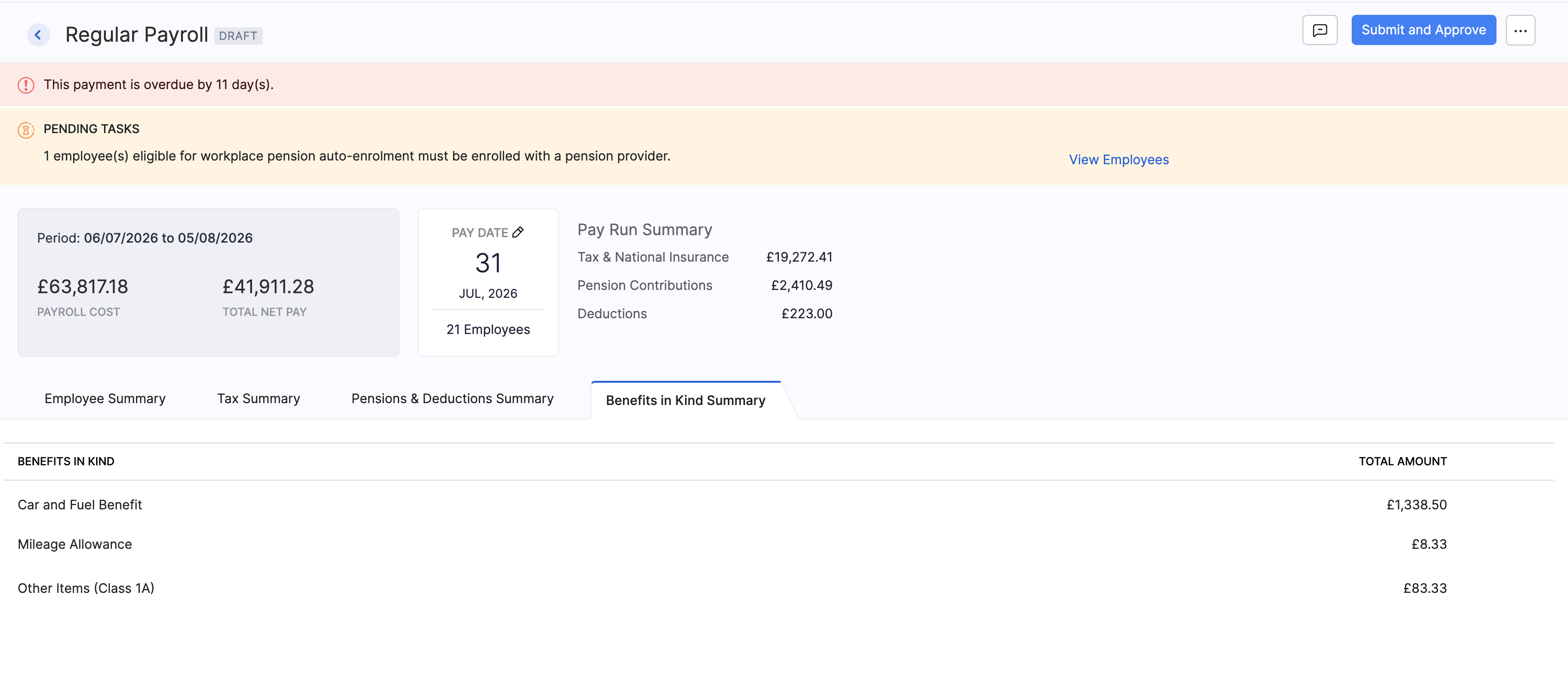 Benefits in kind summary for a regular pay run
