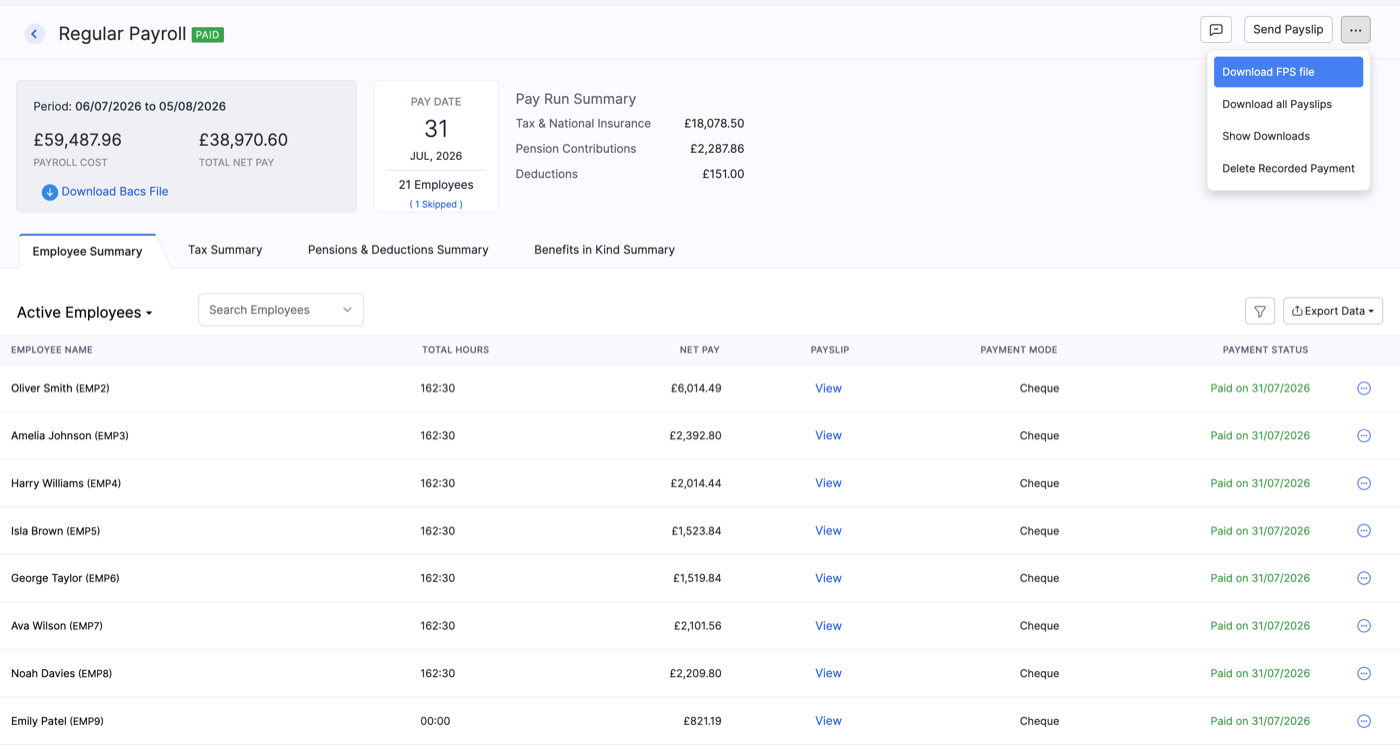 Download FPS file or delete recorded payment on a paid pay run